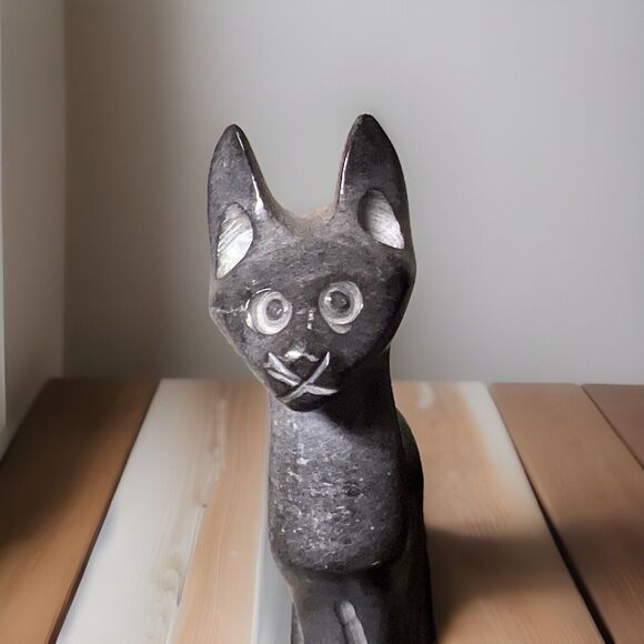 VTG  Egyptian Cat Feline Figurine Polished Stone Gray Middle Eastern Sphinx - Picture 6 of 11